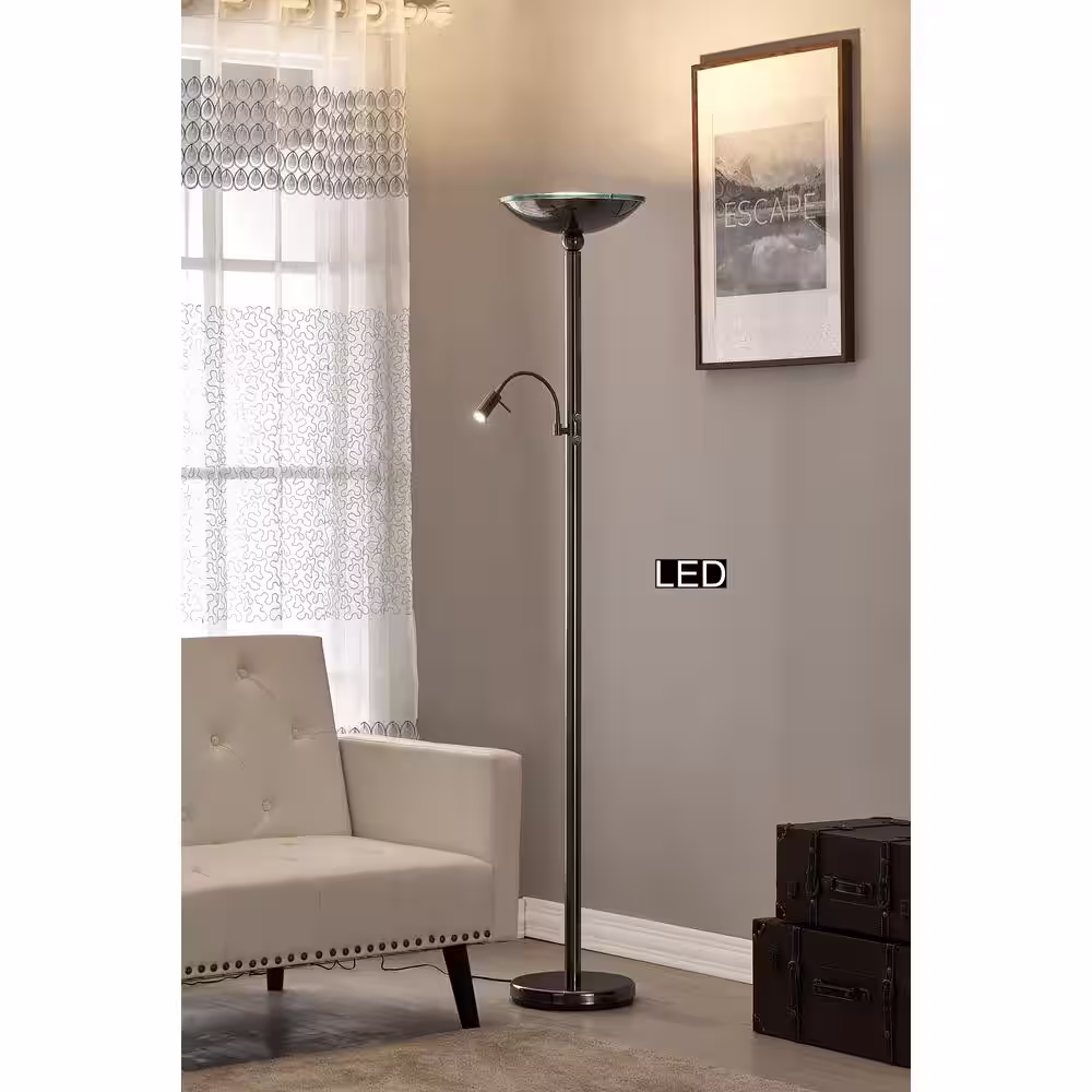 ARTIVA Saturn II Torchiere 71 in. Black Brushed Steel Floor Lamp with Reading Light