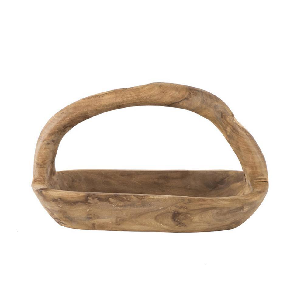 None 15 in. x 7.5 in. x 8 in. Natural Rectangular Teak Tray with Handle