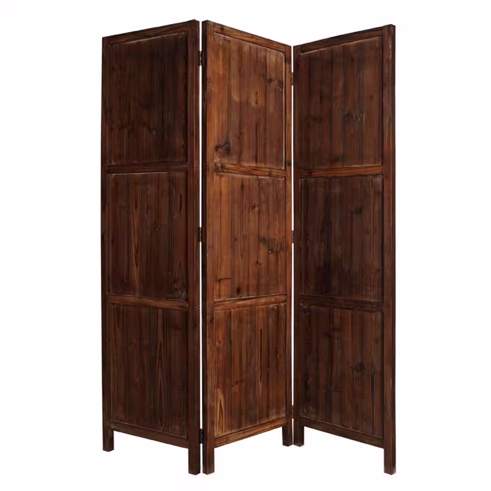 Benjara Brown 3 Panel Wooden Room Divider with Plank Pattern