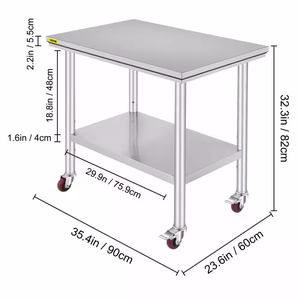 VEVOR Stainless Steel Rolling Table 35.4 x 23.6 in. Kitchen Prep Table with 4 Wheels Kitchen Utility Table, Silver