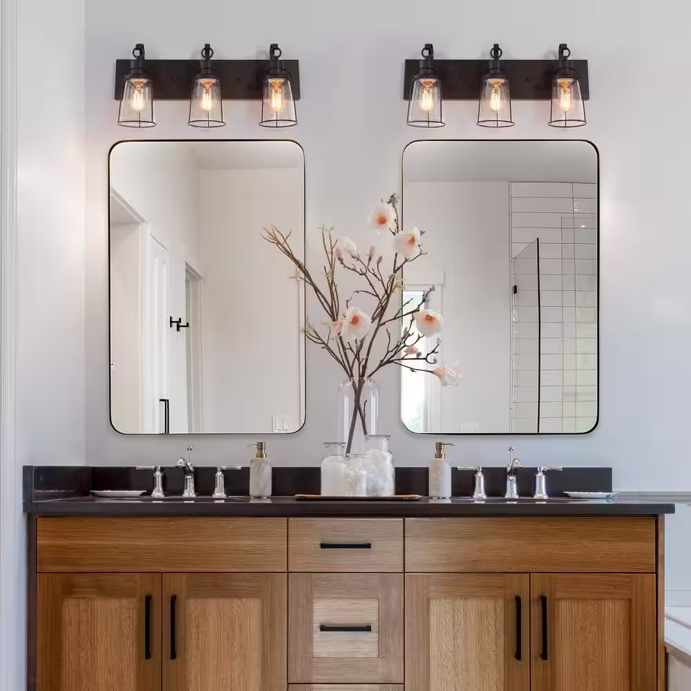Uolfin Farmhouse Rustic Oil-Rubbed Bronze Vanity Light, 22 in. 3-Light Cage Bathroom Wall Sconce with Seeded Glass Shades