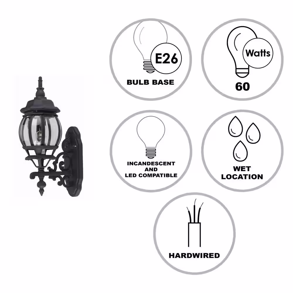 Bel Air Lighting Francisco 19.5 in. 1-Light Black Coach Outdoor Wall Light Fixture with Clear Glass