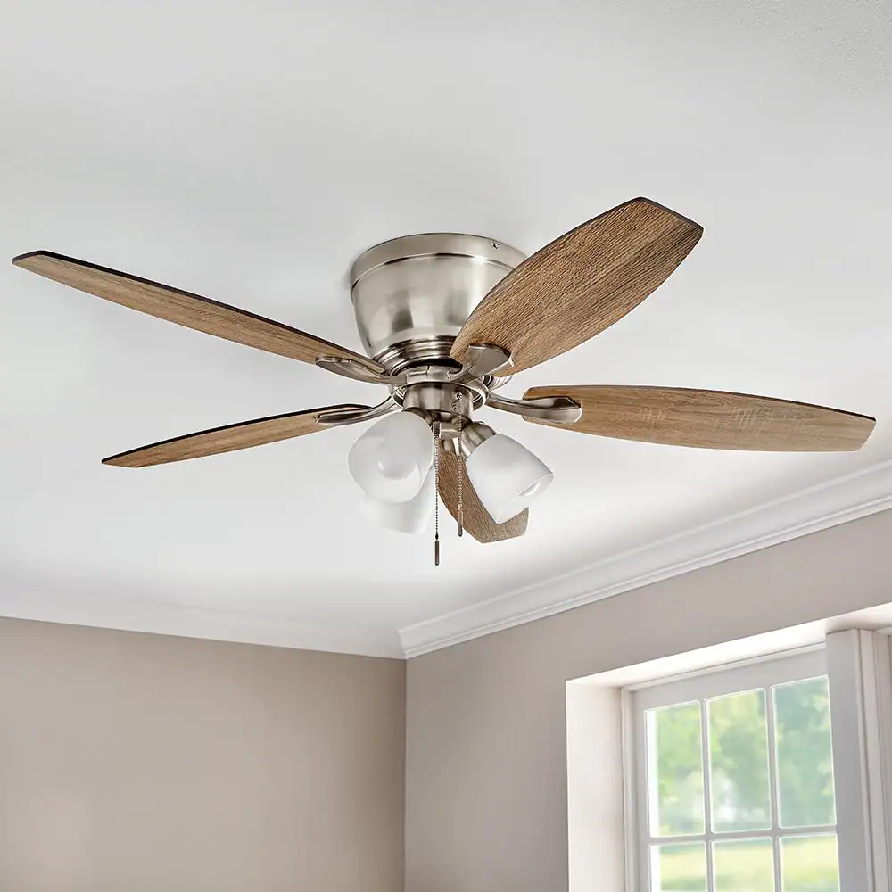 Hampton Bay Sidlow 52 in. Indoor LED Brushed Nickel Hugger Dry Rated Ceiling Fan with 5 QuickInstall Reversible Blades and Light Kit