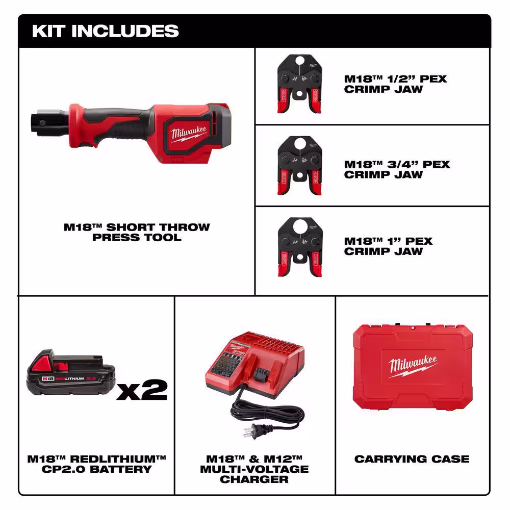 Milwaukee M18 18-Volt Lithium-Ion Cordless Short Throw Press Tool Kit with 3 PEX Crimp Jaws with M18 FUEL HACKZALL Saw Kit