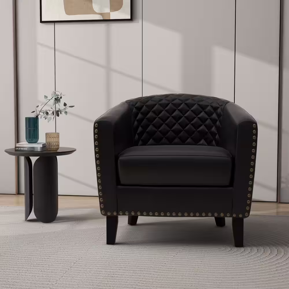 Uixe Mid-Century Black PU Leather Nailhead Trim Upholstered Accent Barrel Chair With Solid Wood Legs