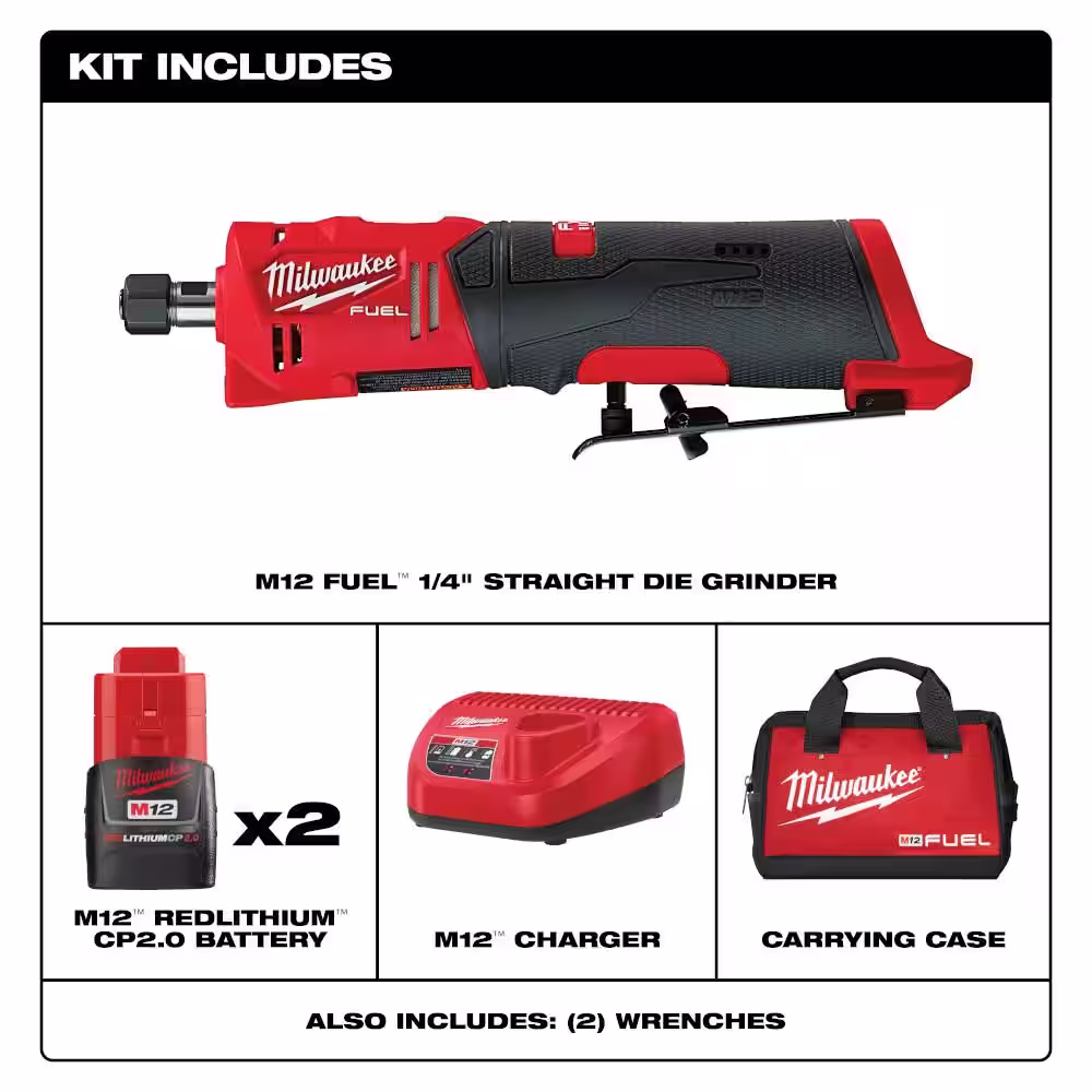 Milwaukee M12 FUEL 12V Lithium-Ion Brushless Cordless 1/4 in. Straight Die Grinder Kit with Two 2.0 Ah Batteries