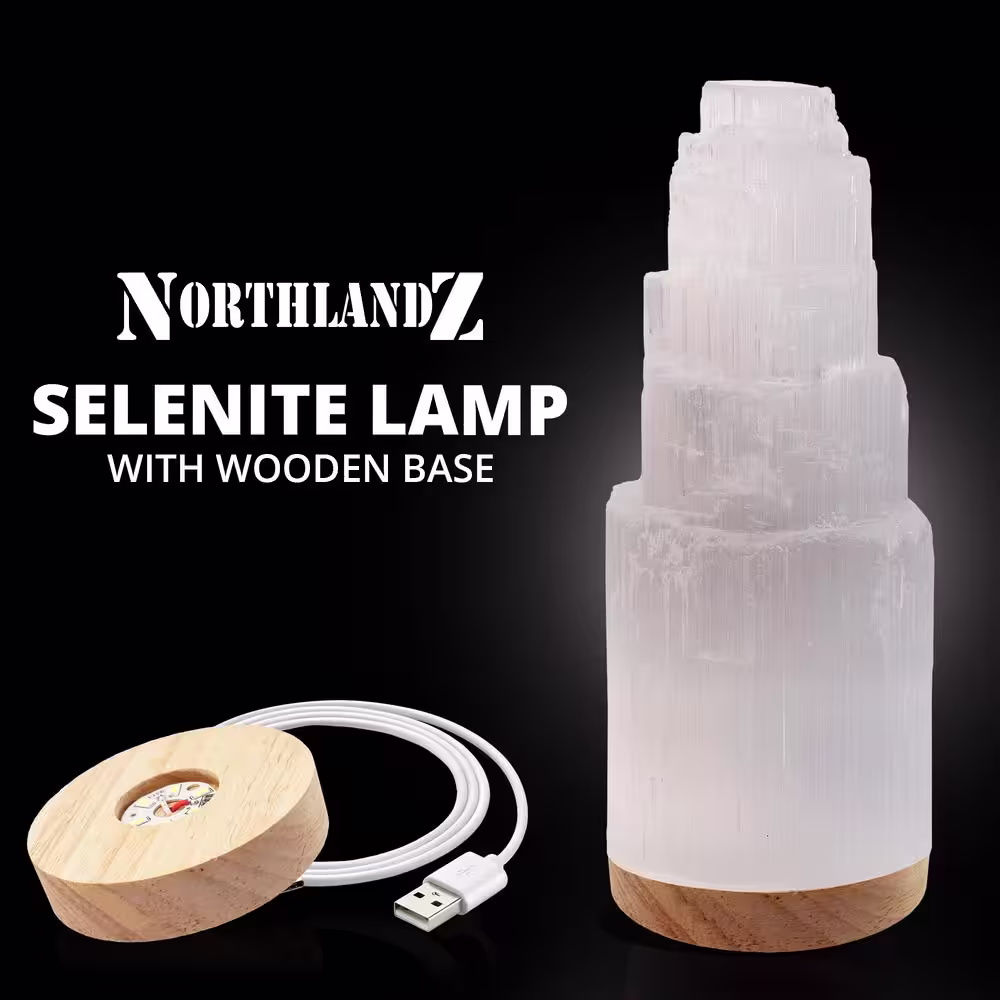 None Selenite Crystal Lamp 20cm, Night Light Moroccan Tower Lamp, LED Light with Wooden Base & USB Charging Cable-Pack 1