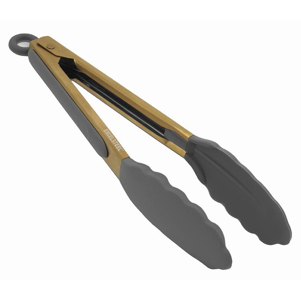 ExcelSteel 9 in. S/S Gold Plated Grey Silicone Tong W/Stay Cool Handle (Set of 2)