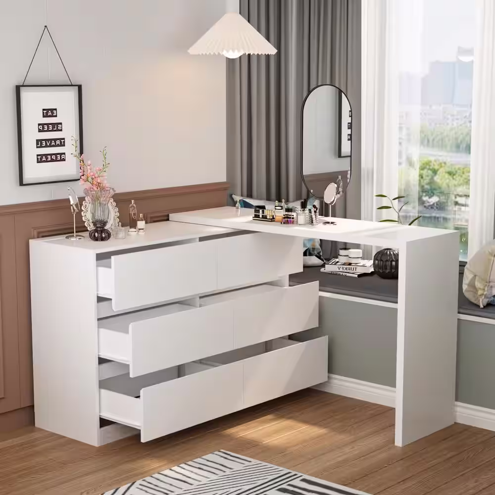 None 6-Drawer L-Shaped Dresser with Rotatable Desk 47.2 in. W x 51.2 in. D x 32.7 in. H
