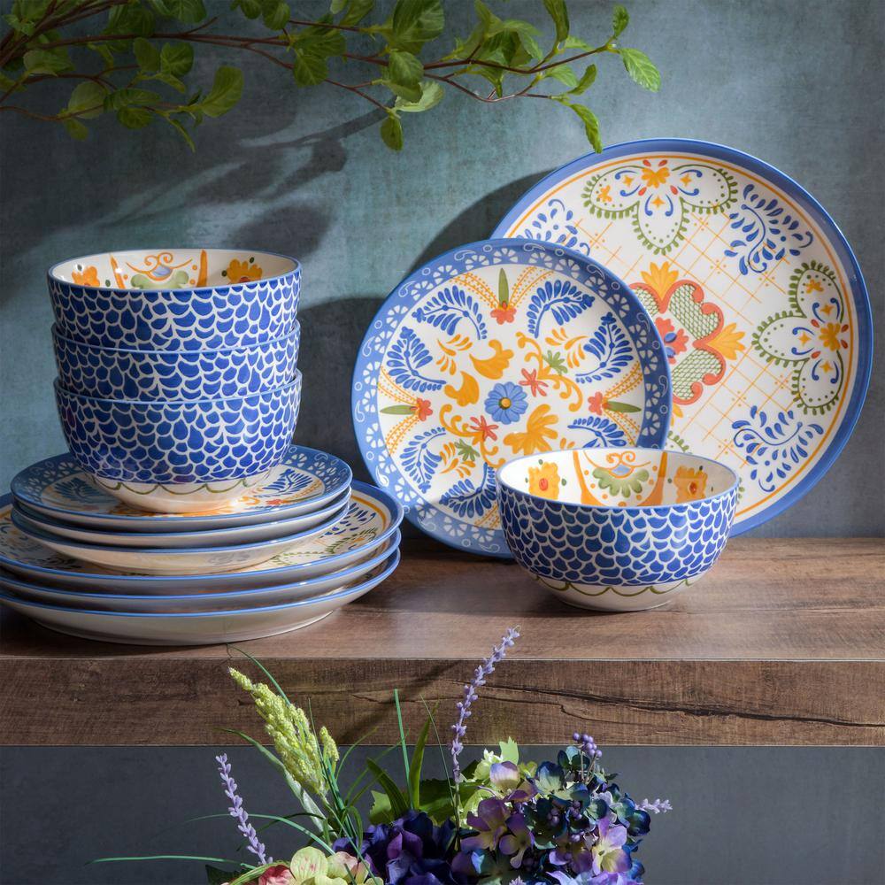 Laurie Gates Tierra Tile 12-Piece Round Stoneware Dinnerware Set in Blue Assorted Designs Service Set for 4