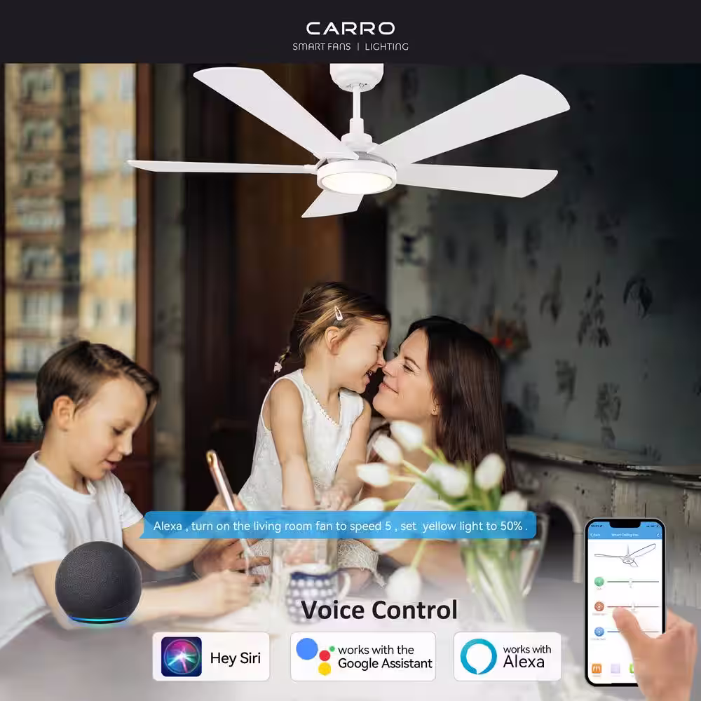 CARRO Wilkes 52 in. Dimmable LED Indoor/Outdoor White Smart Ceiling Fan with Light and Remote, Works with Alexa/Google Home