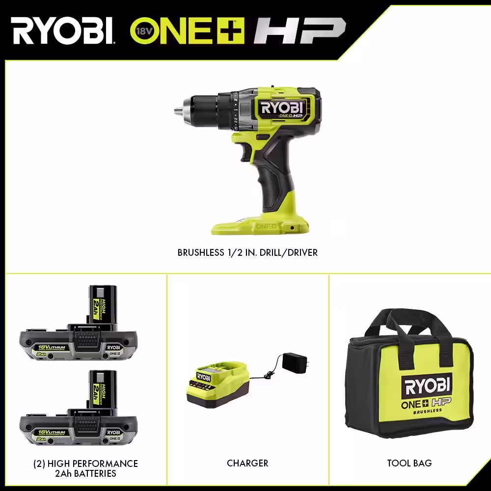 RYOBI ONE+ HP 18V Brushless Cordless 1/2 in. Drill/Driver Kit with (2) 2.0 Ah HIGH PERFORMANCE Batteries, Charger, and Bag