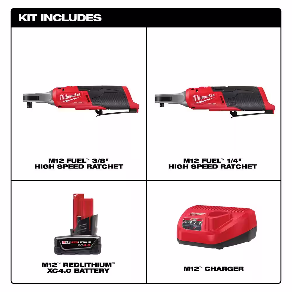Milwaukee M12 FUEL 12V Lithium-Ion Brushless Cordless High Speed 3/8 in. Ratchet & High Speed 1/4 in. Ratchet w/Battery & Charger