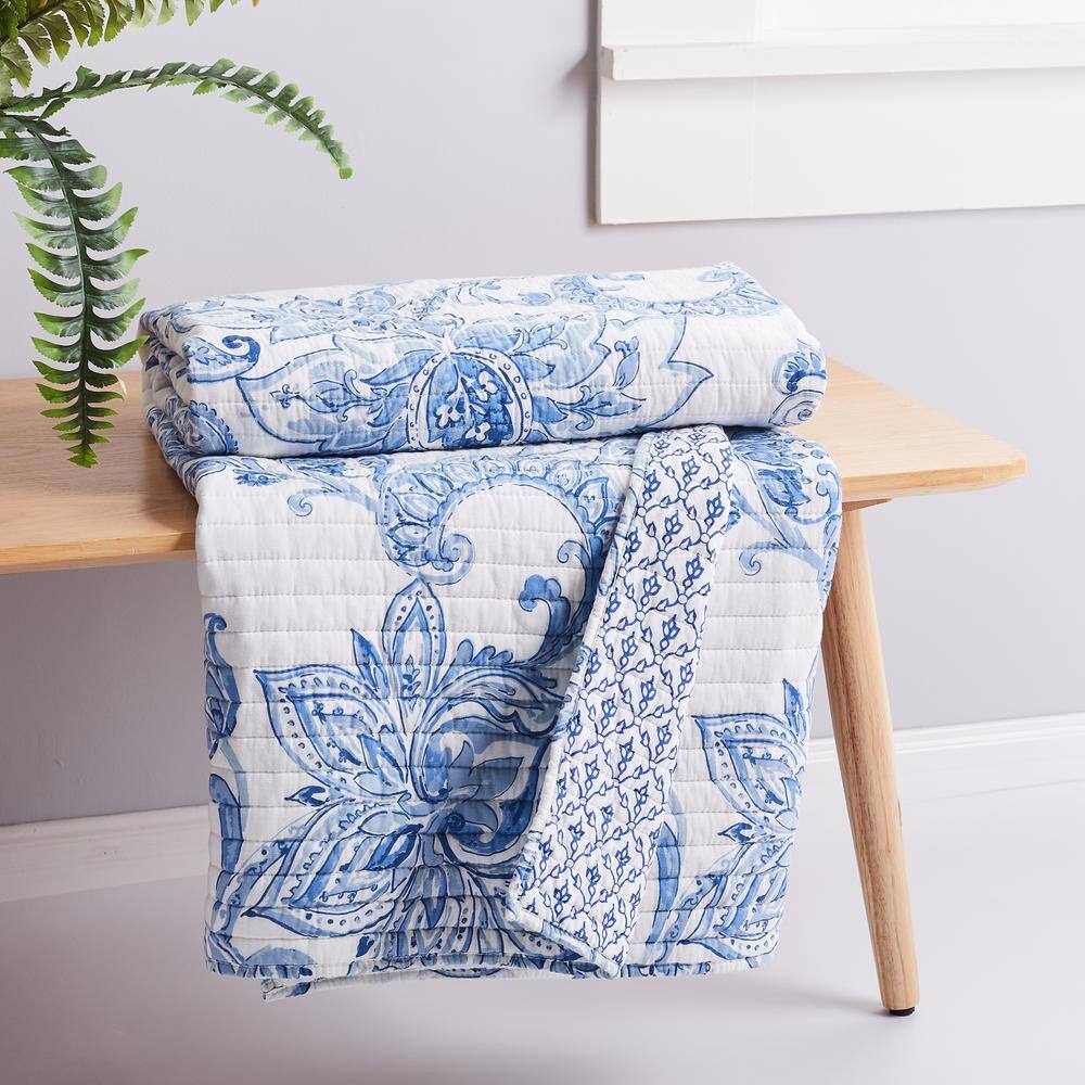 None Bennett Blue Floral Quilted Cotton Throw Blanket