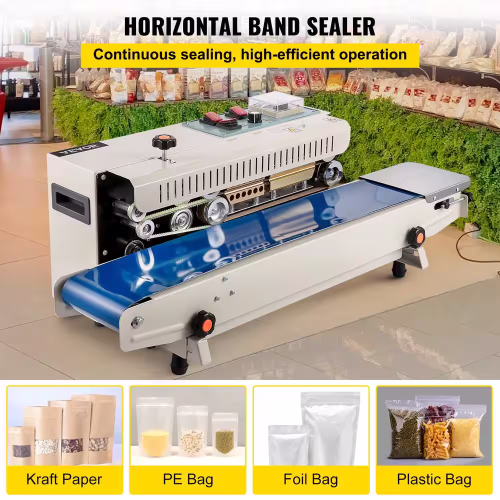VEVOR Silver Continuous Band Heat Sealer 0.24 in. to 0.6 in. Seal Width Horizontal Sealing Machine for PVC Membrane Bag Film