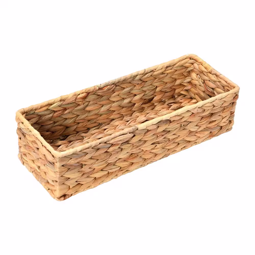 HOUSEHOLD ESSENTIALS Natural Water Hyacinth Long Narrow Rectangular Storage Basket