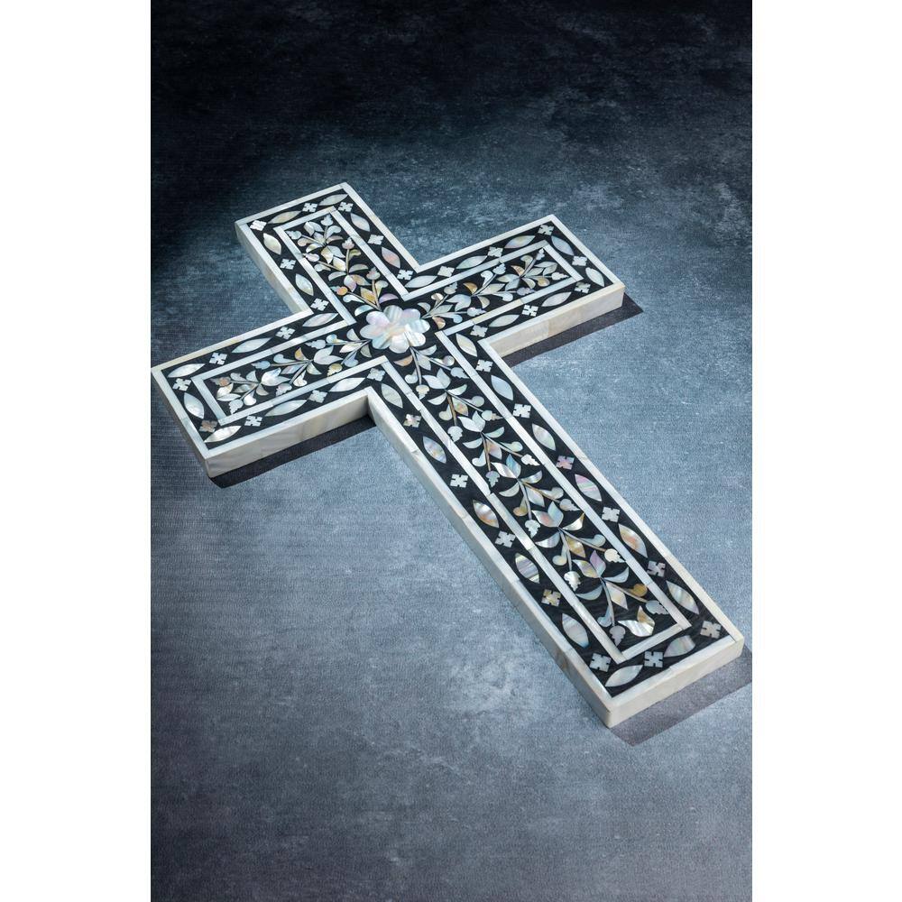 GAURI KOHLI Jodhpur Mother of Pearl Wall Cross Black Decorative Sign