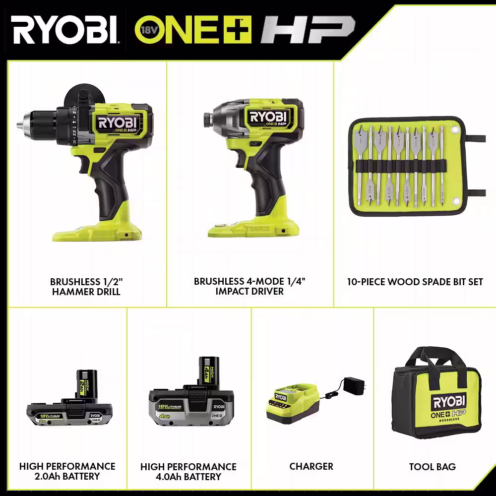RYOBI ONE+ HP 18V Brushless Cordless 2-Tool Combo Kit w/ Hammer Drill, Impact Driver, Batteries, Charger, & 10-Piece Bit Set