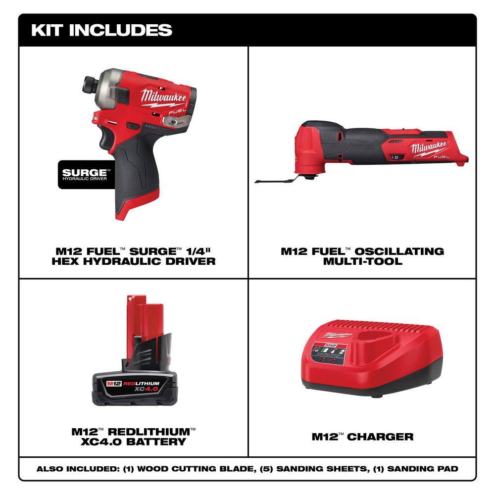 Milwaukee M12 FUEL SURGE 12-Volt Lithium-Ion Brushless Cordless 1/4 in. Impact Driver & M12 FUEL Multi-Tool with Battery & Charger