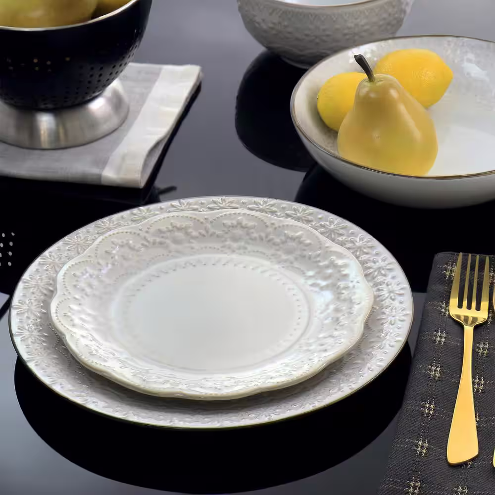 Elama Countess 16-Piece Embossed Double Bowl Stoneware Dinnerware Set in Ivory (Service for 4)