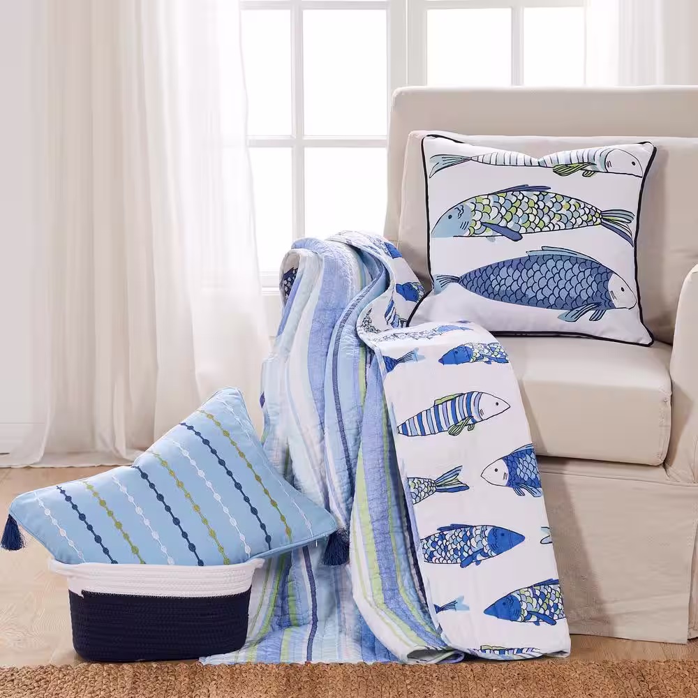 None Catalina Blue Coastal Stripe Quilted Cotton Throw Blanket