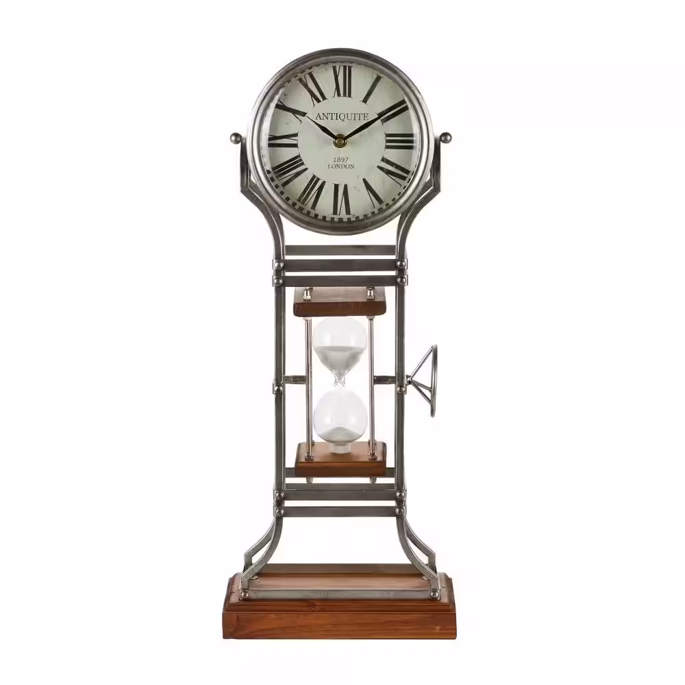 None Gray Metal Hour Glass Analog Clock with Wood Base