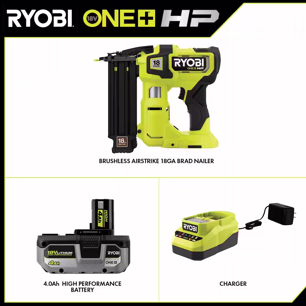 RYOBI ONE+ HP 18V 18-Gauge Brushless Cordless AirStrike Brad Nailer Kit with 4.0 Ah Battery and Charger