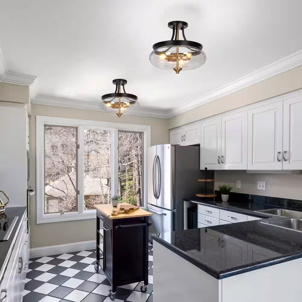 Uolfin Modern Farmhouse Black Semi-Flush Mount Light, 3-Light Gold Kitchen Ceiling Lights with Bowl Seeded Glass for Bedroom