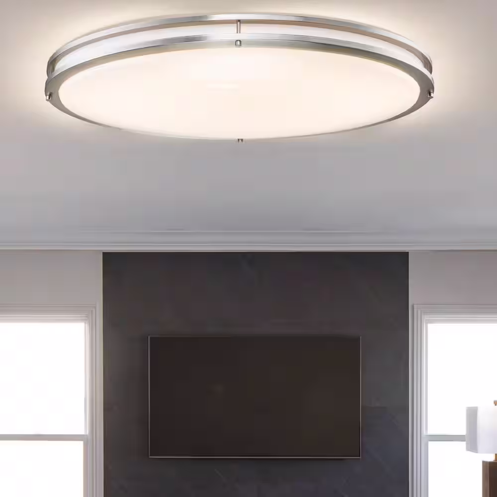 None 32.5 in. Brushed Nickel Oval 35-Watt Dimmable LED Flush Mount with Opal Acrylic Shades