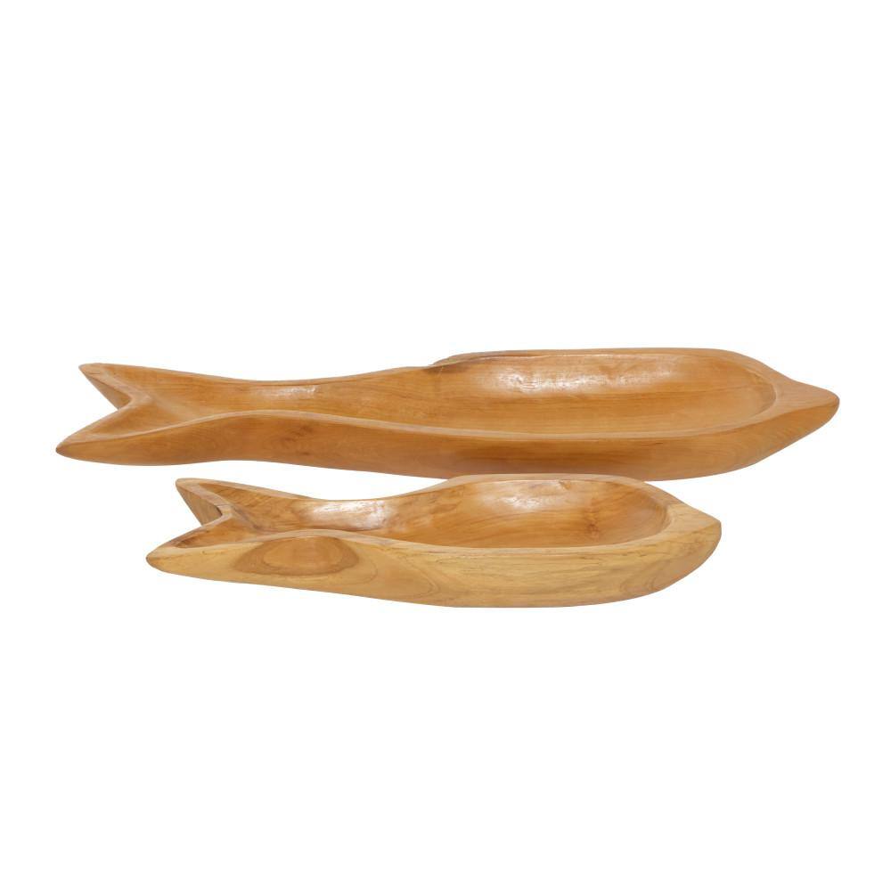 Litton Lane Brown Handmade Teak Wood Fish Decorative Tray (Set of 2)