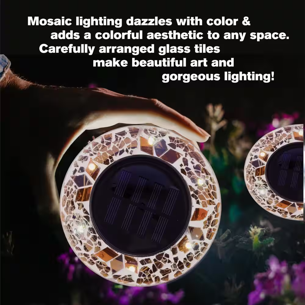 Bell + Howell Mosaic Disk Lights Solar Powered Light Brown LED Path Lights with Mosaic Glass Top (4-Pack)