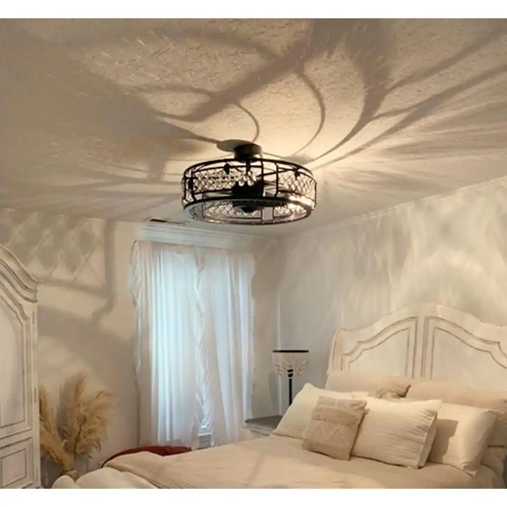 Parrot Uncle Wright 27 in. Indoor Black Crystal Caged Low Profile Ceiling Fan with Light Kit and Remote Control