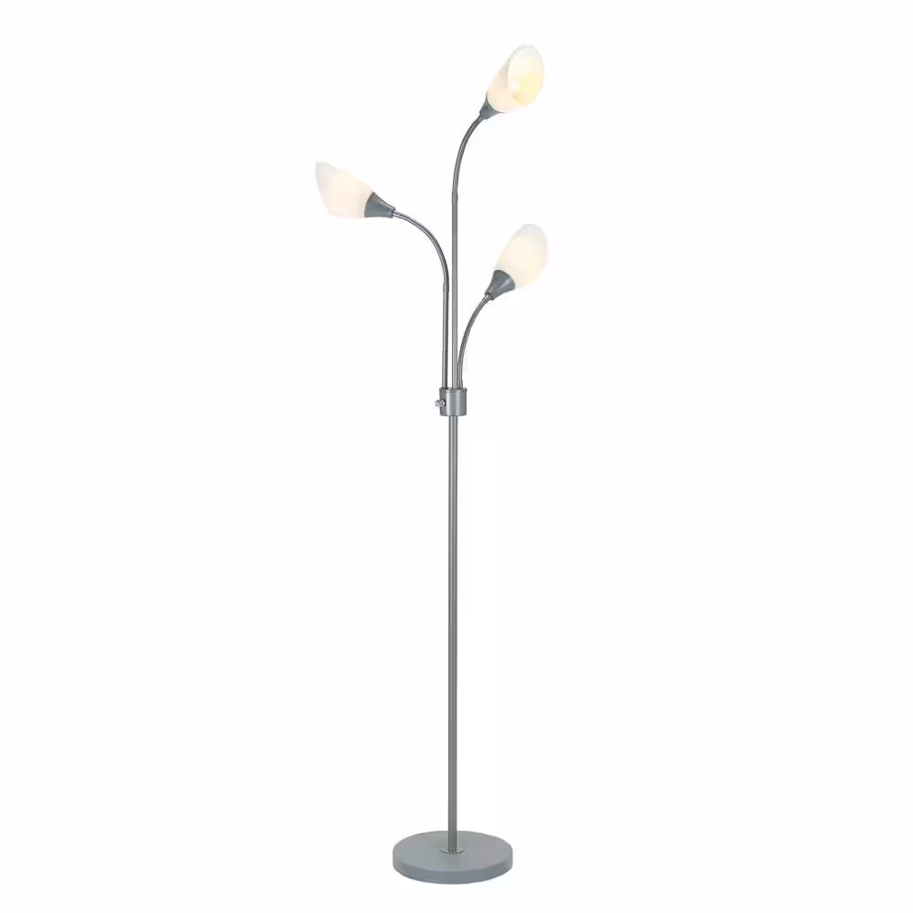 Catalina Lighting 70.25 in. Silver 3-Arm Floor Lamp with White Shades