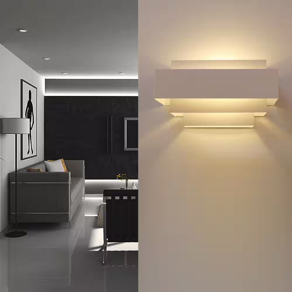 LamQee 1-Light White Modern Iron Wall Sconce with Overlapping Rectangles Shade for Living Room Bedroom Bedsides Hallway