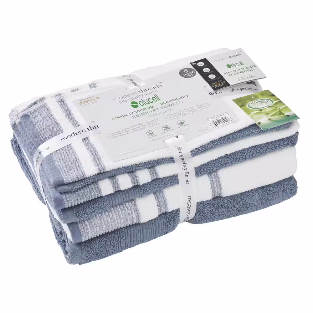 MODERN THREADS 6 Piece Reinhart Denim Cotton Quick Dry White/Contrast Towel Set