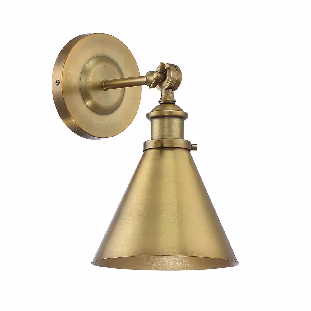 Savoy House Glenn 7 in. W x 12 in. H 1-Light Warm Brass Industrial Wall Sconce with Adjustable Metal Shade