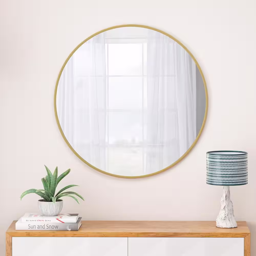 None 48 in. W x 48 in. H Round Metal Gold Wall Mounted Mirror
