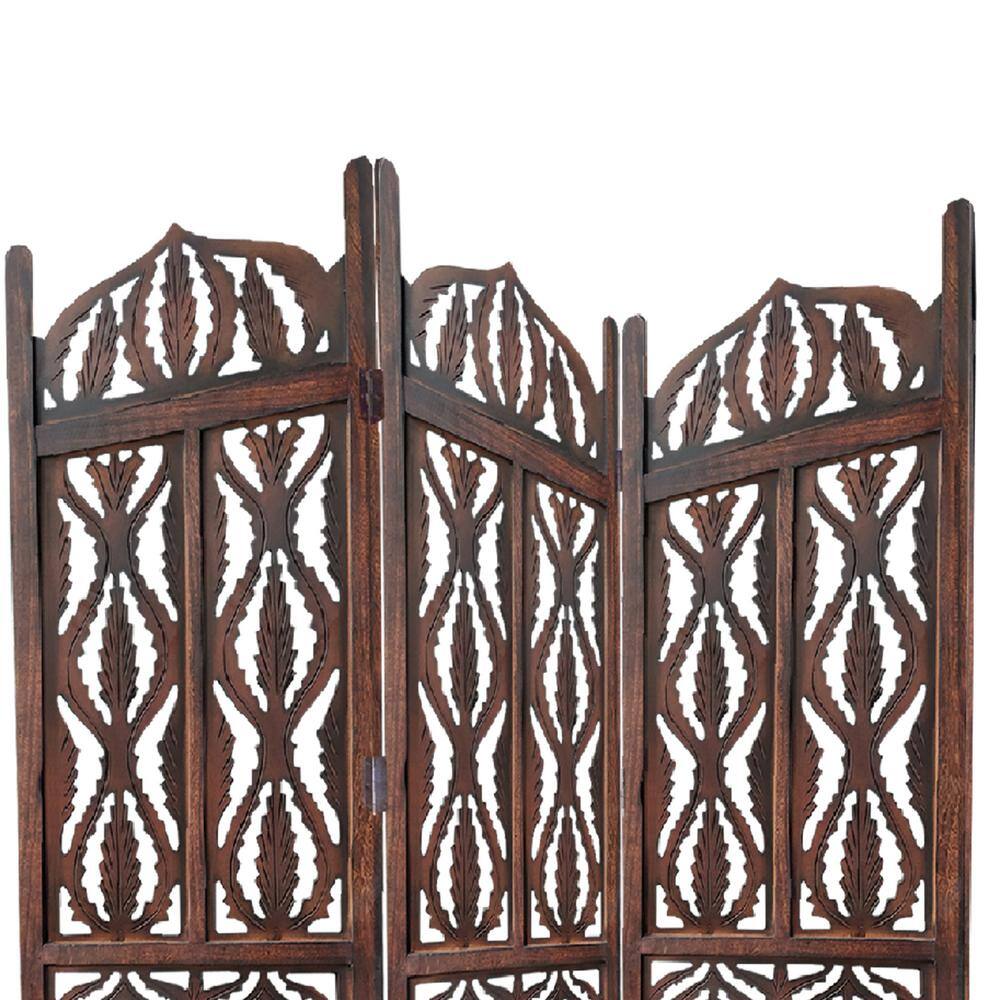 None Carvings in Brown 3-Panel Mango Wood Screen with Abstract