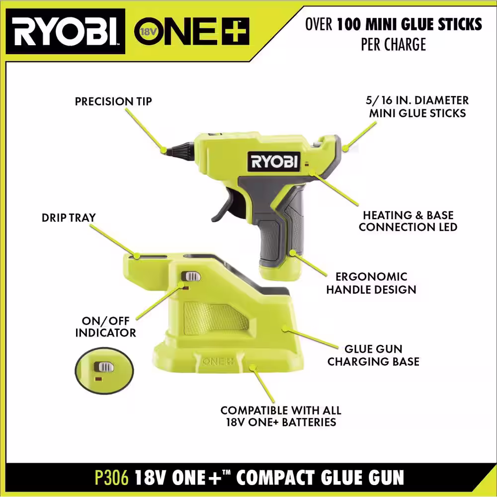 RYOBI ONE+ 18V Cordless Compact 3-Tool Combo Kit with Glue Gun, Area Light, Bluetooth Speaker (Tools Only)