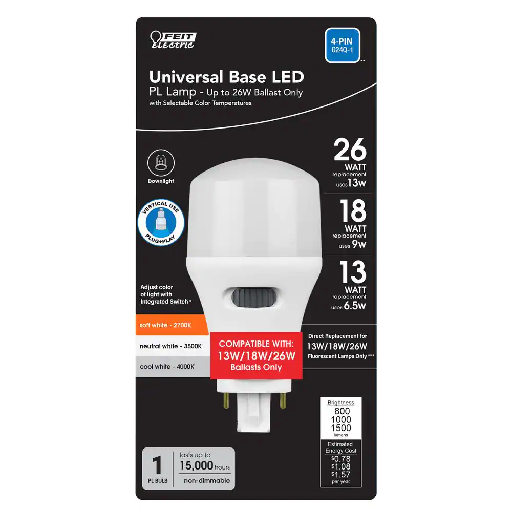 Feit Electric 13W/18W/26W Equivalent PL Vertical 4-Pin Universal Base G24Q/GX24Q-1/-2/-3 CCT Select(2700K/3500K/4100K)LED Light Bulb