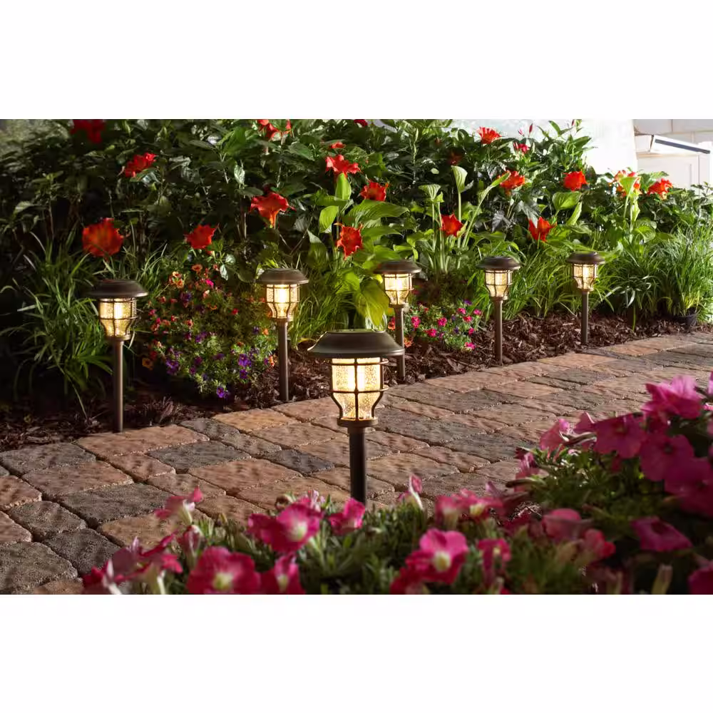 Hampton Bay 10 Lumens Brass Integrated LED 2500K Vintage Bulb Outdoor Solar Landscape Path Light Set (6-Pack)