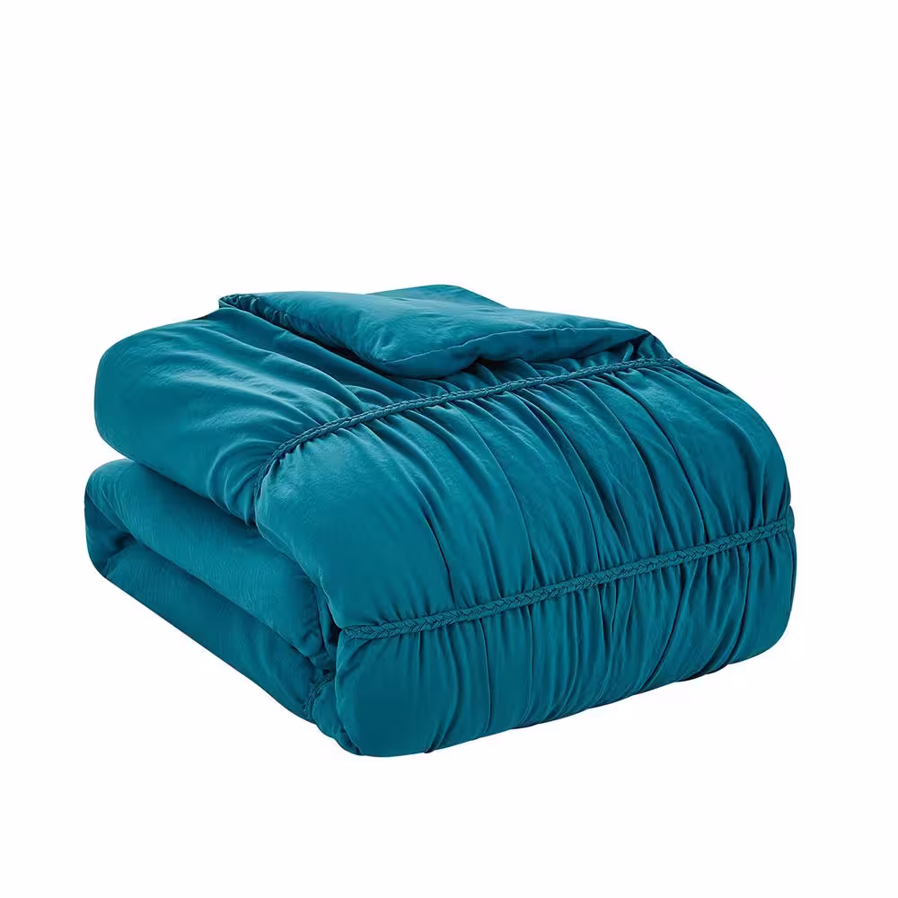 None DESIGN STUDIO Garment Washed Smocked Stripe Cable Braid Teal Blue 4-Piece Microfiber Comforter Bedding Set - Queen