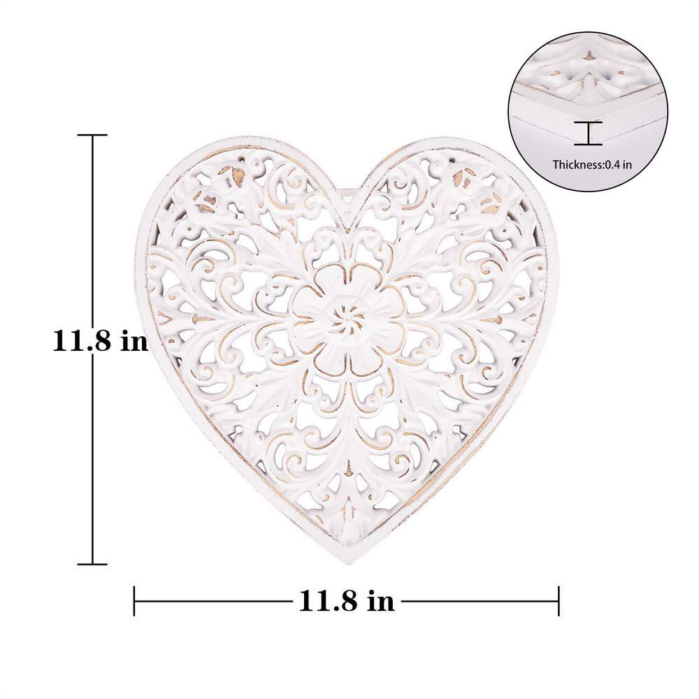 None 12 in. Wood Heart-shaped Decorative Carved Floral-Patterned Distressed White MDF Sculpture Wall Panel Wall Art