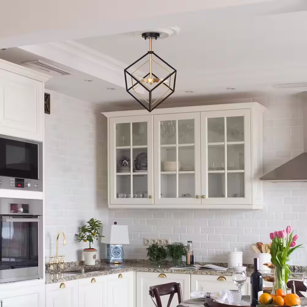 Uolfin 3-Light Black Gold Sputnik Geometric Modern Industrial Caged kitchen Semi-Flush Mount Chandelier for Dining Room