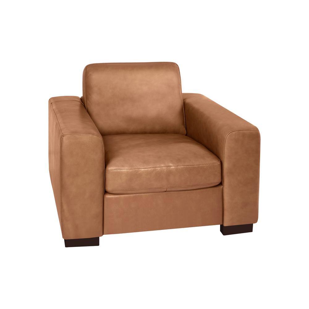 None Tan Genuine Leather Accent Chair - Ultimate Comfort - Mid-Century Living Room Chair, Reversible Cushions.