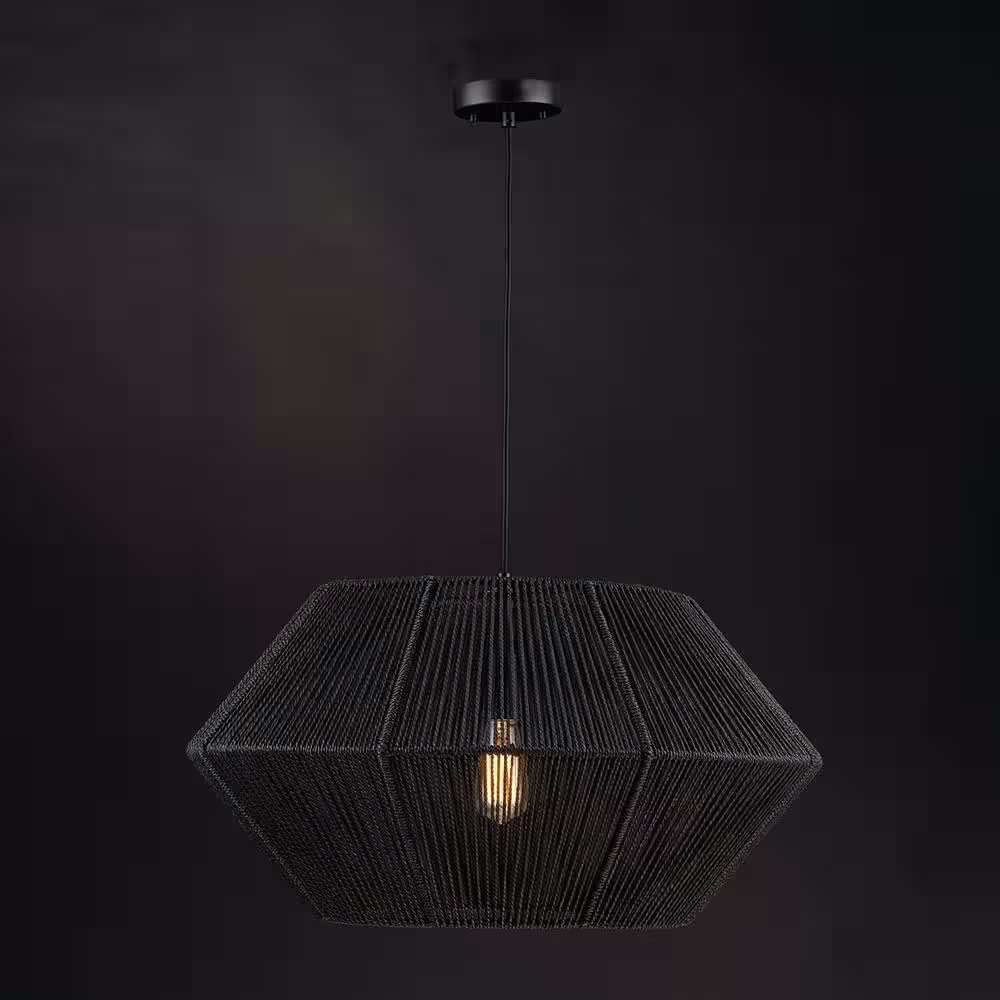 Globe Electric Terra 1-Light Matte Black Chandelier with Natural Twine Shade and Designer Black Cloth Hanging Cord