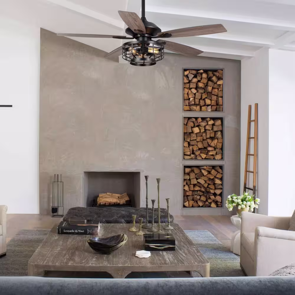 Parrot Uncle Paquette 52 in. Industrial Indoor Matte Black Ceiling Fan with Remote Control and Light Kit