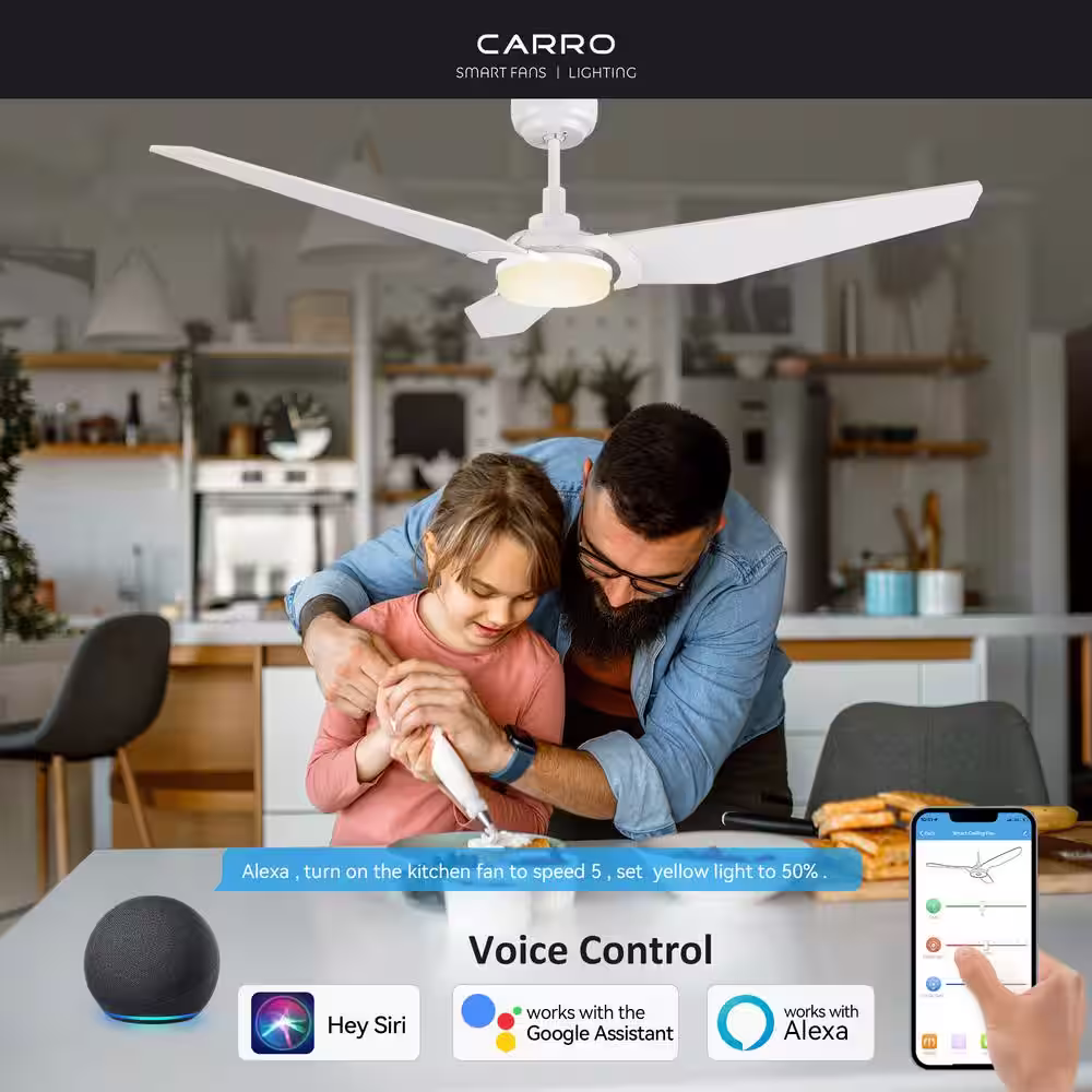 CARRO Brently 52 in. Dimmable LED Indoor/Outdoor White Smart Ceiling Fan with Light and Remote, Works with Alexa/Google Home
