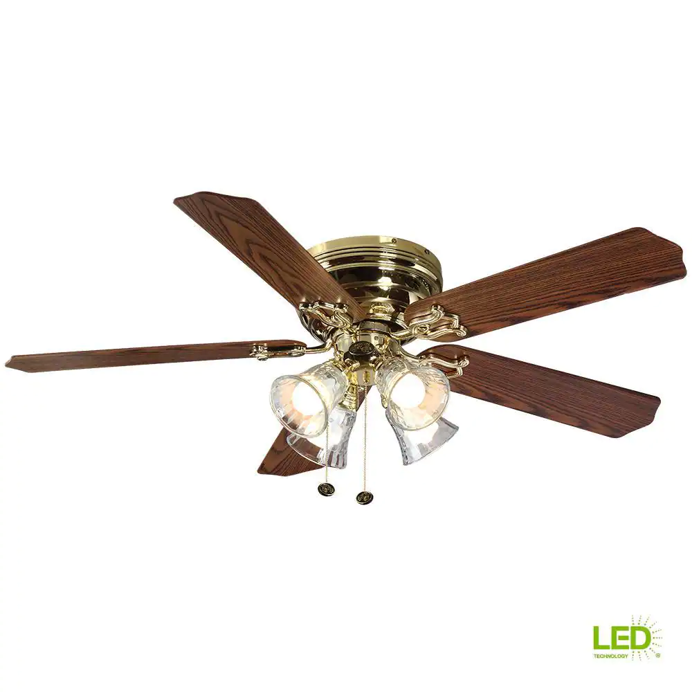 Hampton Bay Carriage House 52 in. Indoor LED Polished Brass Ceiling Fan with Light Kit, Reversible Motor and Reversible Blades