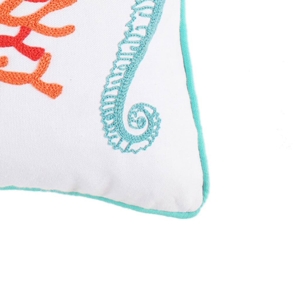 Levtex Home Sunset Bay Aqua, Orange, Coral and White Seahorse, Coral Embroidered 14 in. x 18 in. Throw Pillow